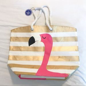 Flamingo Gold Stripe Beach Tote Bag